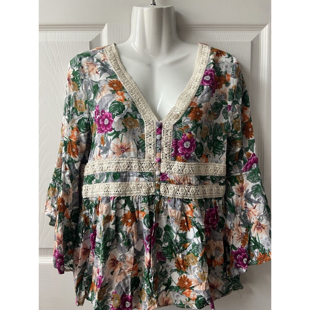 Jodiful Boho Top Womens Size Small Lace Trimmed Floral Peasant Bell Sleeve